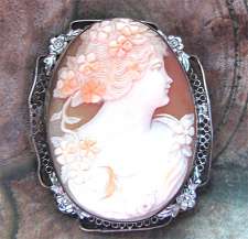 Art Nouveau Big Silver Brooch. Signed by the Artist Well hand carved shell circa 1910-1930
