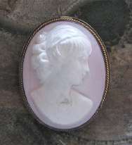 Hand carved Italian Pink/White Coral stone Cameo from 1930-1940 900 Blackened Vermeil (Gold over Sterling) Brooch/Pendant