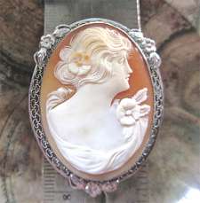 Big covered by zinc Silver Brooch. Filigree with the floral motif Great hand carved shell circa 1920-1930