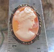 Beautiful Carnelian hand carved shell Goddess Diana circa 1940 Italian Silver marquisette brooch/pendant