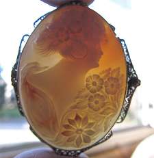 Museum Quality Silver Filigree Art Deco Brooch Cameo. Great hand carved multi color shell circa 1920-1930