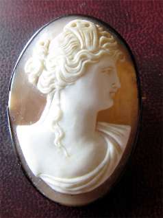 Classic Victorian shell cameo with blackening, unmarked sterling bezel brooch. Circa 1885