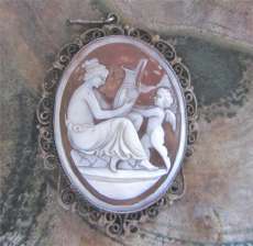 Venus Goddess & Cupped - beautifully carved Sardonyx shell Unique filigree 800 Silver bezel Pendant circa 1910
