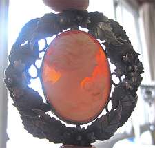 Unique hand assembled Silver Sterling leaves & flowers Brooch Great hand carved Carnelian shell pretty girl. Circa 1930.