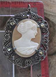 Art Deco hand carved shell cameo circa 1910-1925 Silver Sterling filigree with marcasite pendant