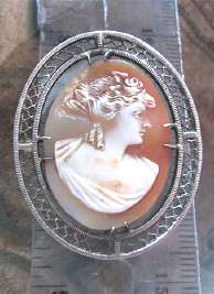 Edwardian/Post Edwardian Art Deco hand carved shell cameo Marked Silver Sterling filigree with brooch circa 1910-1925