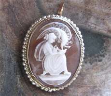 Hebe Goddess of Youth & Eagle - great carved shell circa 1910 925 Silver Vermeil (Sterling) Brooch/ Pendant with the pearls