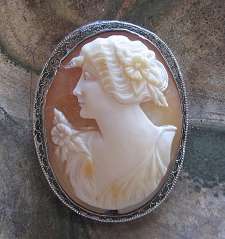 Post-Edwardian filigree Zinc covered Silver Cameo Brooch Well hand carved Carnelian shell circa 1915-1935