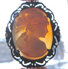 Stylish unique Art Deco marcacite filigree Blackaning Silver Pendant Great hand carved high realief shell Edwardian girl circa 1915.