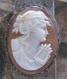 Circa 1915-1935 Unique Art Deco Blackening Silver Brooch Big Great hand carved shell image of Muse.