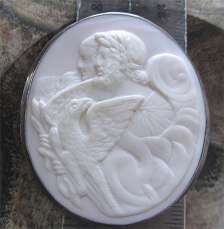 Antique Pale Coral stone - dark patina Big Silver framed cameo, Left facing Zeus, Hera & Eagle carved in the 1840-1870 from UK.