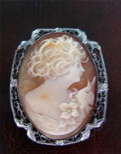Vintage Zinc over Silver (no marks) Carnelian Shell Cameo Brooch Filigree Bezel circa 1920.
