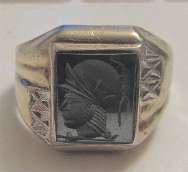 Ring size 8.5 with Carving indulge glass or stone image of Roman warrior Engraved & Marked SA Sterling Silver & 10K Yellow Gold man’s jewelry