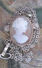 Hand carved Vintage cameo Pendant from Italy Silver or silver plated filigree circa 1920 16” long necklace