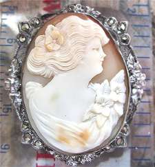 Outstandingly crafted shell carved & signed circa 1920-1930 Unmarked Zinc Silver Marcasite filigree Brooch