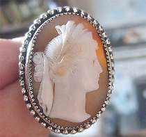 Ring size 5, image of Roman Goddess of Fertility & Motherhood Ceres Museum Quality carving shell embedded in marked Sterling Silver