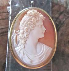 Apollo,God of Arts & Beauty-Great hand carved Carnelian Big shell 800 Silver Vermeil brooch/pendant circa 1910 signed by the Artist.