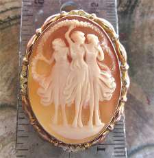 Circa 1935 3 Graces Gold/Silver Brooch Stylishly Carved shell Cameo. Circa 1935