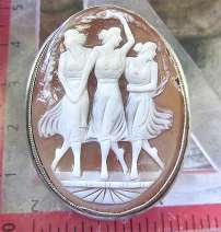 Big Cameo 3 Graces 800 Silver Brooch/Pendent. From the 1930th Well Carved shell. Little chip on the right. Signed by the Carver.