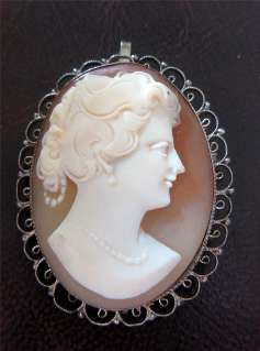 Vintage Silver (marked 800) Carnelian Shell Cameo Brooch & Pendant Filigree Bezel circa 1960.