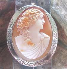 Huge Antique Museum quality 3 levels shell depict Bacchante Marked Edwardian Sterling Silver brooch circa 1910-1915