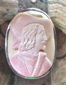 Huge Museum quality Angel Skin stone depict 17 century man portrait Marked BMB Sterling Silver brooch/pendant & signed 1846 Auguste
