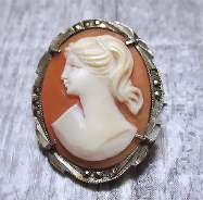 Quality hand Carved Carnelian shell- Portrait of Alina S. Italian 800 Silver with marcasite pendant/brooch.