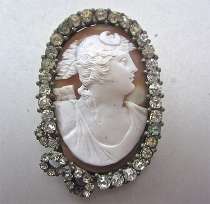 Beautiful Museum Quality carved shell Goddess Diana circa 1890 Large Great Silver /Gold & Rhinestone brooch/pendant.