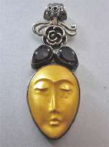 Art Deco piece - sad face with the tear, covered with Gold stone in the Marked 925 Silver Sterling filigree pendant, with rose & the two amethysts.