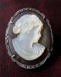 Quality rear Victorian Mother Pearl Cameo Silver Sterling Brooch & Pendant Marquisette Bezel circa 1890. Signed