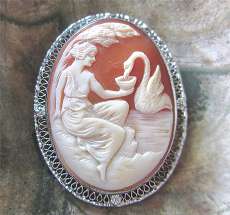 Leda & the Swan - beautifully carved Carnelian shell circa 1930 Unique filigree Silver with Zinc Brooch/Pendant