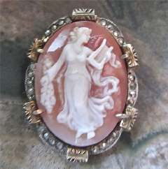 Great Quality carving Shell Muse with Lira & flowers, circa 1925 925 Silver Sterling & Vermeil Gold marcasite Brooch/Pendant