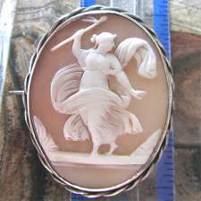 Museum Quality carvings shell dancing Bacchante, signed by Artist Huge Silver Sterling twisted rope Brooch circa 1885