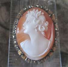 Great Quality carving Shell Muse with Lira, circa 1925 800 Silver Vermeil Gold marcasite Brooch/Pendant