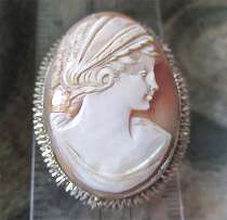 Well carved shell - portrait of cute girl from 1915 - 1930th Big 800 marked 800 Silver gilded Brooch/Pendant
