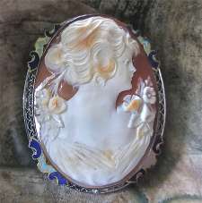 Museum Quality carving Art Nouveau style shell unmarked Silver enamel filigree Brooch circa 1920-1930
