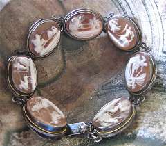 Detail carving Mythology scenes 7 Sardonyx shell from 1910th In the vermeil 800 Silver covered by patina Bracelet.