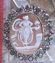 Amazingly carved shell - dancing Bacchante, signed by Artist Huge marcasite Silver & Gold Plated(?) Brooch circa 1885