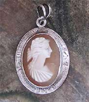 Edwardian carved shell - Greek style woman from 1910th petite etched unmarked Silver Pendant.