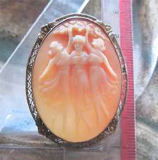 3 Graces Circa 1935 Gold washed filigree Silver Brooch Hand Carved shell Cameo. Signed by the Artist