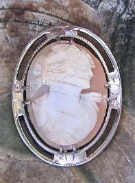 Edwardian/Post Edwardian Art Deco hand carved shell cameo Unmarked Silver filigree with brooch circa 1910-1920. Signed.