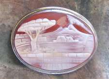 Italy landscape view of Vesuvio - hand carving Carnelian shell Unmarked Silver Sterling Gold rope brooch from 1950th.