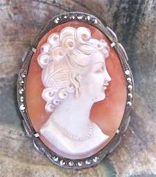 Great Quality carving Carnelian shell circa 1935-1945 800 marked Silver marcasite with patina Brooch/Pendant