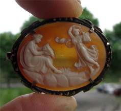 Muse Mythology scene Victorian Sardonyx Cameo Silver Sterling Brooch Marquisette Bezel circa 1890.