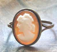 Ring size 9 Art Deco Carnelian shell carved profile of young woman Marked vermeil 800 Silver with patina circa 1910-1920.