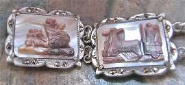 Mythology carved Brown & White Mother Pearl Italian 800 silver Vintage 8” bracelet