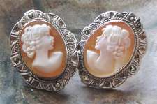 Great carved Italian little shells Cameo Vintage Earrings (clips) Marked 925 marcasite Silver set from 1950th. Signed by the Artist