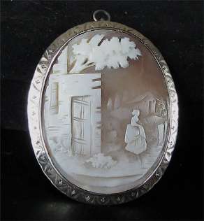 Rare Victorian Sterling Silver Brooch & Pendant Shell Cameo 2” tall 1 5/8” wide, made circa 1875