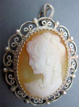 Vintage 800 Silver Hand Carved Shell Cameo Pendant & Brooch Filigree Pin. Signed & Marked