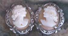 Hand carved Italian shells Cameo Vintage Earrings (clips) The small Silver unmarked marcasite set from 1940th.